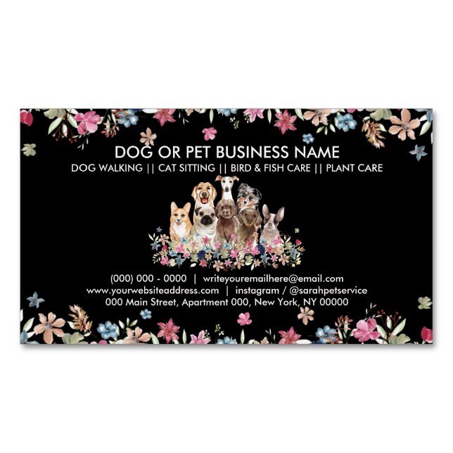 Carte De Visite Magnétique Chiens mignons encadrés de fleurs (devant)