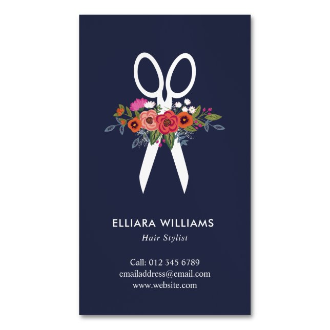 Carte De Visite Magnétique Ciseaux floraux - coiffeur de bleu marine (devant Vertical)