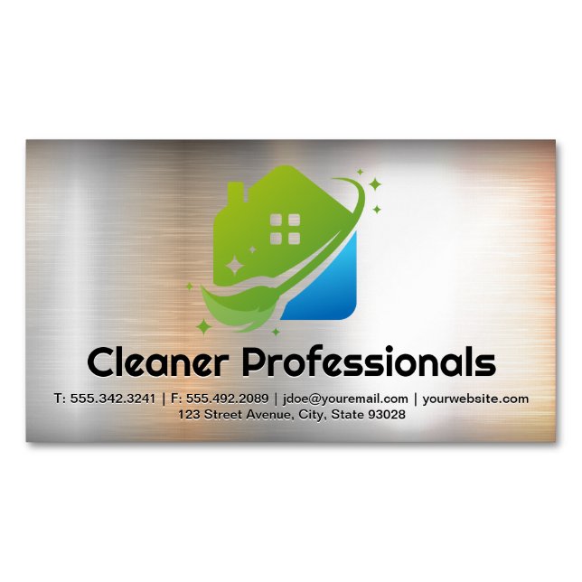 Carte De Visite Magnétique Cleaning Services House Logo | Metal Background (devant)