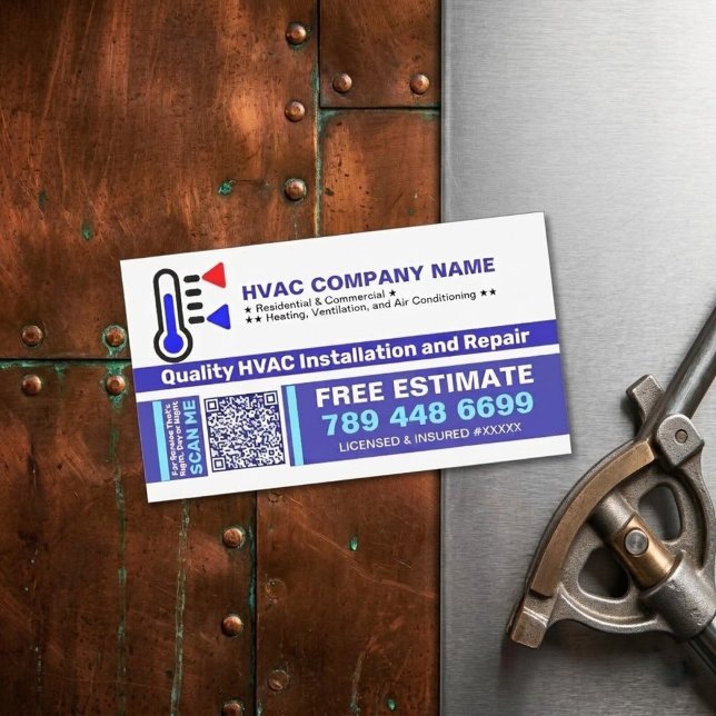 Carte De Visite Magnétique Climatisation CA (Code QR et Logo) CVC Unique (HVAC technician marketing materials, business cards with QR code, heating and cooling service magnet)
