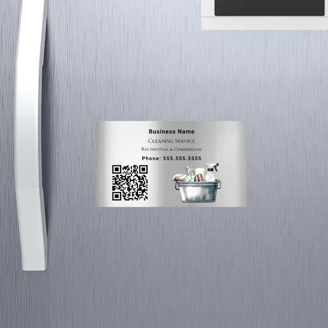 Carte De Visite Magnétique Code QR argent du service de nettoyage (Créateur téléchargé)
