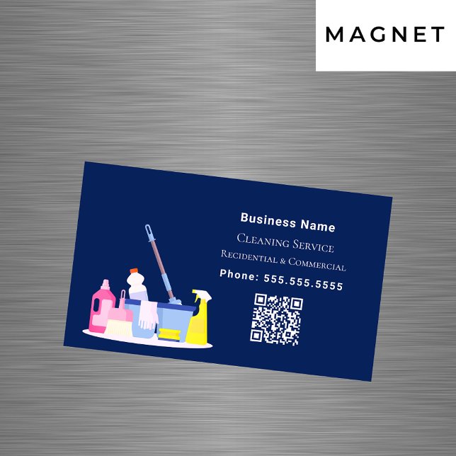 Carte De Visite Magnétique Code QR bleu marine du service de nettoyage (Créateur téléchargé)