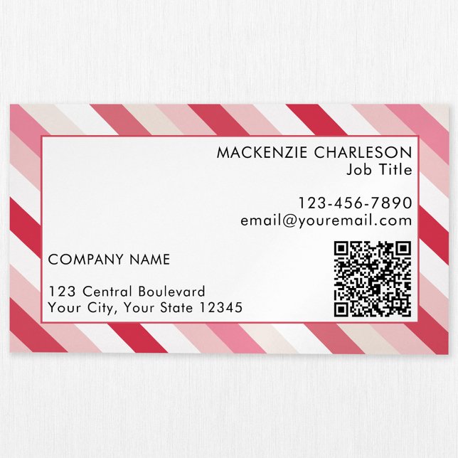 Carte De Visite Magnétique Code QR de la bande de bonbons diagonale rose (Pink diagonal candy stripe pattern custom business card magnet with QR code)