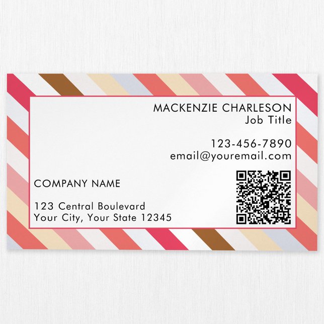 Carte De Visite Magnétique Code QR moderne de bande diagonale (Diagonal candy stripe business card magnet with QR code in muted colors.)