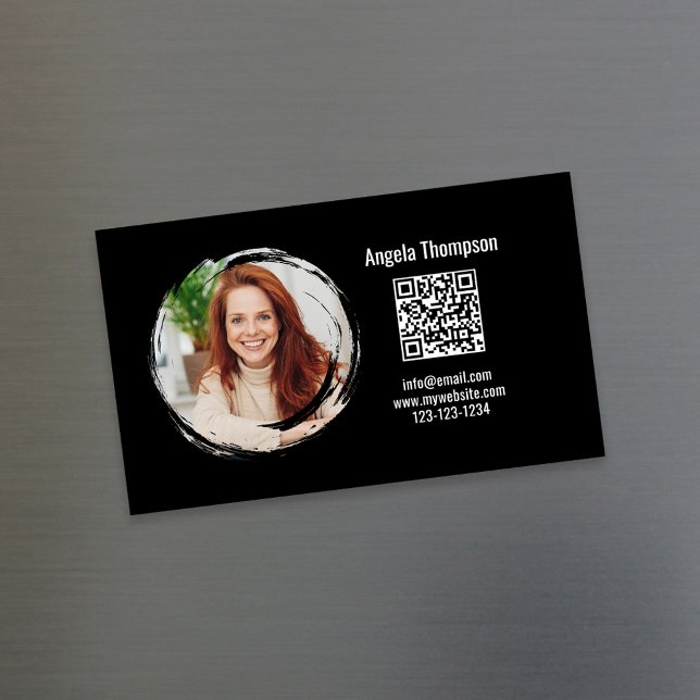 Carte De Visite Magnétique Code QR Photo Magnétique Noir  (Magnetic business card with simple photo and QR code template)