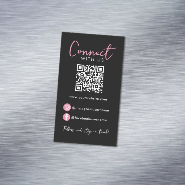 Carte De Visite Magnétique Code QR Professionnel Rose Noir Connectez-Nous (In Situ)