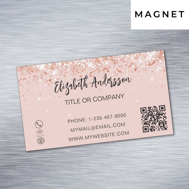 Carte De Visite Magnétique Code QR rose or confetti élégant (Créateur téléchargé)