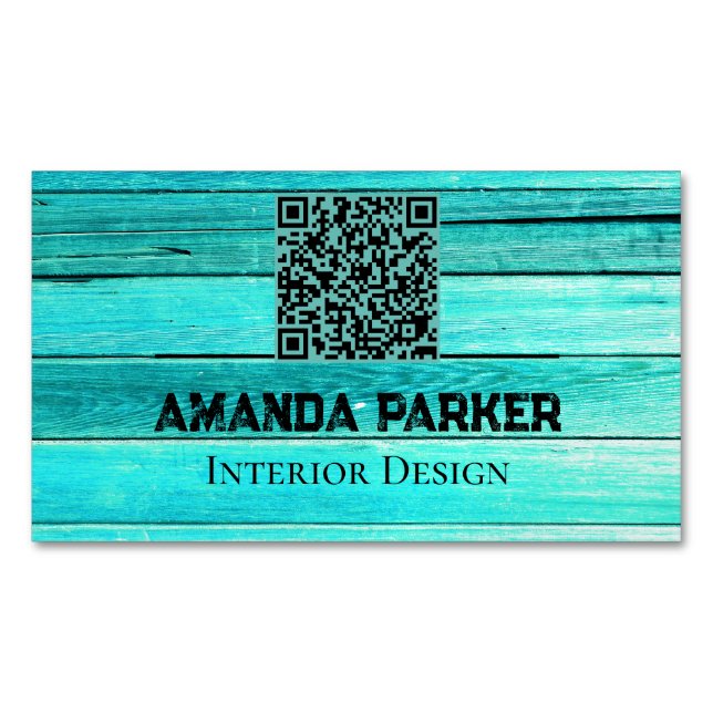 Carte De Visite Magnétique Code QR simple turquoise en bois (devant)