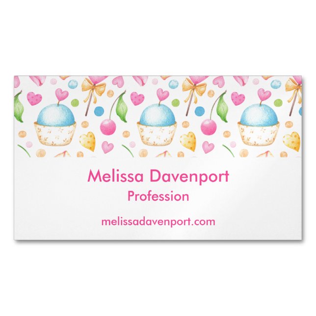 Carte De Visite Magnétique Coeurs et cupcakes Motif d'aquarelle (devant)