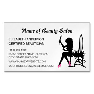 Carte De Visite Magnétique Coiffeur Girly rose et noir d'esthéticien de fill