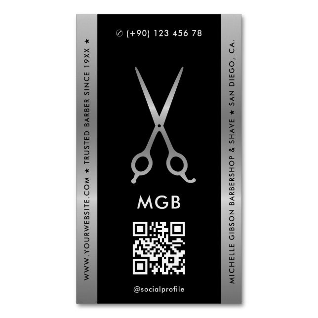 Carte De Visite Magnétique Coiffeuse Barbershop Silver Ciseaux Barber (devant Vertical)