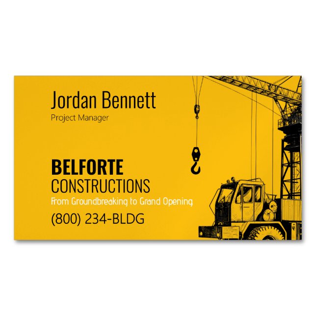 Carte De Visite Magnétique Construction Moderne | Conception Yellow & Crane (devant)