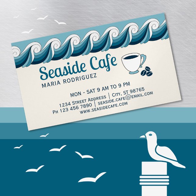 Carte De Visite Magnétique Décoration tourbillonnant vagues océaniques CC0081 (For any seaside company, just replace the coffee cup and beans with your own logo.)