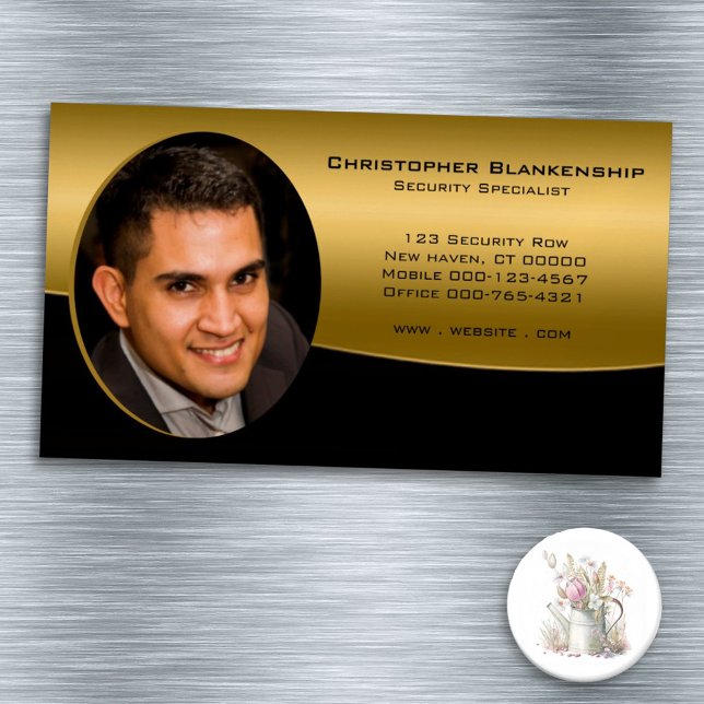 Carte De Visite Magnétique Elégant Black Gold Professional Photo personnalisé (Share your business details on this black & gold professional photo on a magnetic business card.)