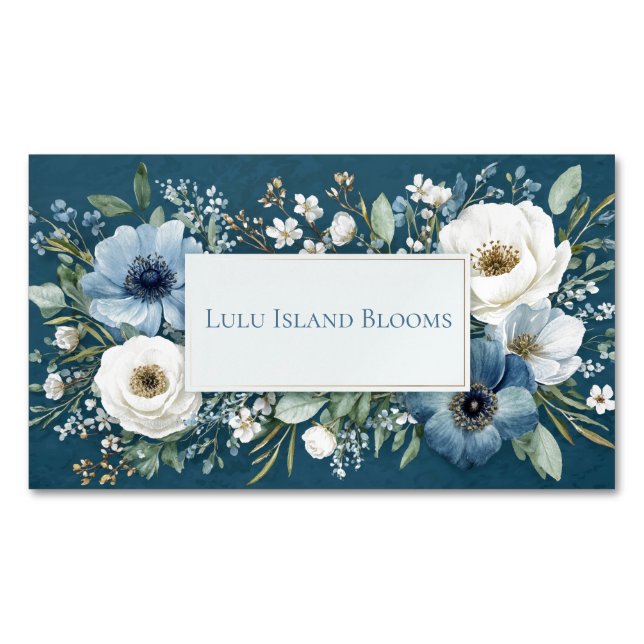 Carte De Visite Magnétique Elegant Dusty Blue White Floral Teal Gold Frame (devant)