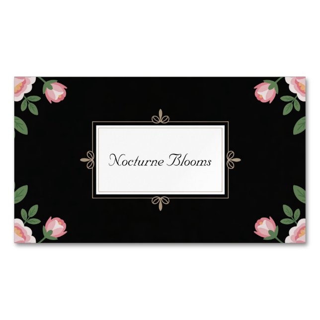 Carte De Visite Magnétique Elegant Pink Rose Floral Gold Scroll Black (devant)