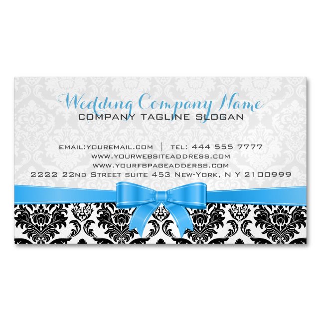 Carte De Visite Magnétique Élégant ruban bleu noir et blanc Damas 2 (devant)