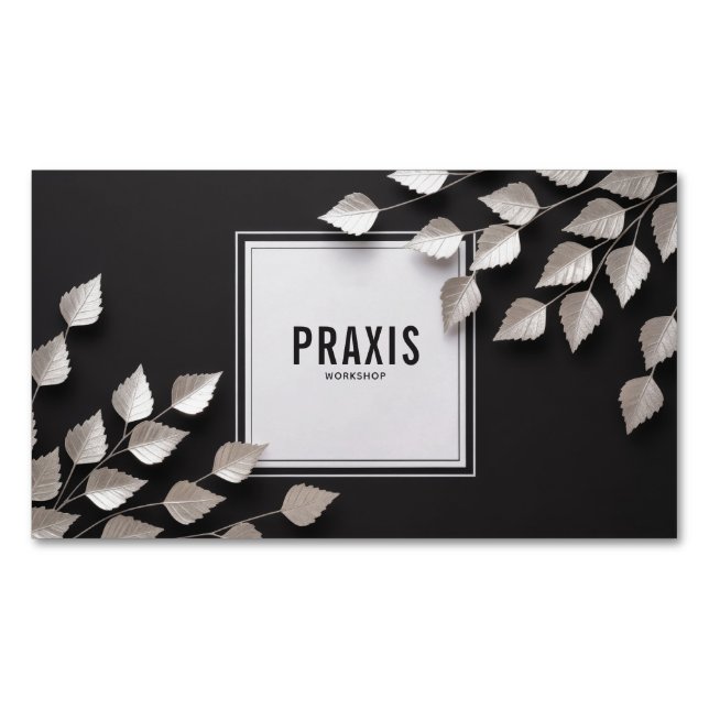 Carte De Visite Magnétique Elegant Silver Leaf Branch Minimalist Black (devant)