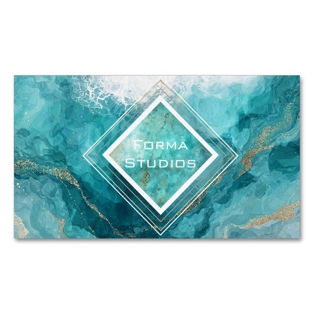 Carte De Visite Magnétique Elegant Teal Gold Ocean Wave Liquid Marble (devant)
