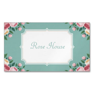 Carte De Visite Magnétique Élégant Vintage Rose Fleur Rose Teal Vert