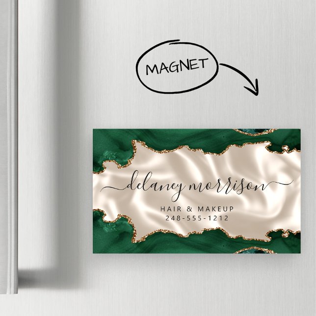 Carte De Visite Magnétique Emerald Green Agate Gold Glitter Ivory Luxury (Créateur téléchargé)
