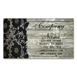 Carte De Visite Magnétique Feminine country chic dentelle noire grange bois