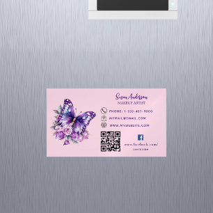 Carte De Visite Magnétique Fleurs de papillon rose violet code QR Facebook