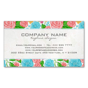 Carte De Visite Magnétique Fleurs Et Roses Pastel En Bleu Rose Et Blanc