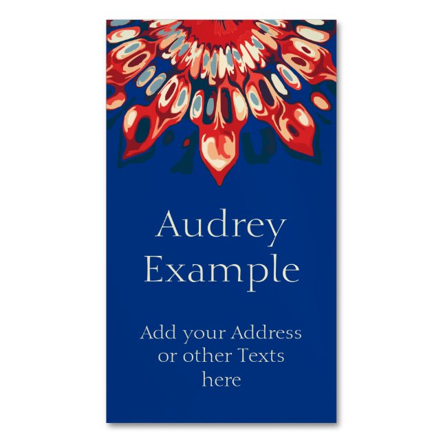 Carte De Visite Magnétique FLEURS SUN Abstraites - bleu rouge + votre backgr. (devant Vertical)