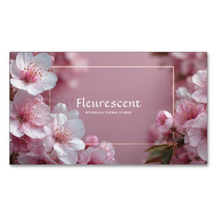 Carte De Visite Magnétique Flore Cadre Or Rose Foncé Cerisier Élégant Fleuris