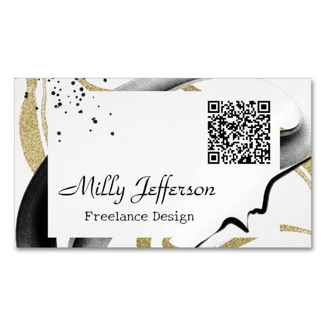 Carte De Visite Magnétique Freelance Design Code QR Abstrait Gold Noir (devant)