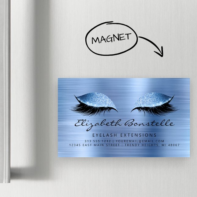 Carte De Visite Magnétique Glitter Eyes Brushed Metal Lash Extensions Blue (Créateur téléchargé)