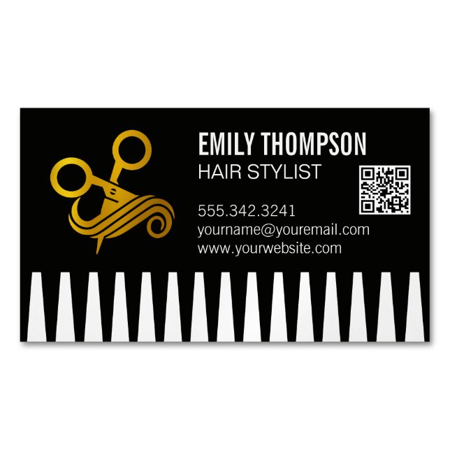 Carte De Visite Magnétique Gold Comb | Hair Stylist | QR Code (devant)