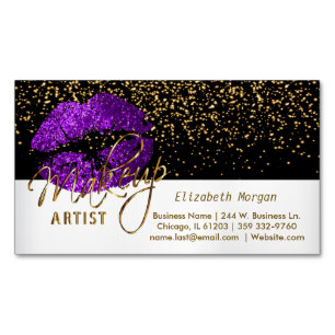 Carte De Visite Magnétique Gold Confetti & Purple Lips - Artiste maquillage