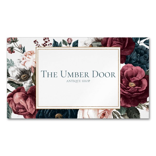 Carte De Visite Magnétique Gothic Moody Floral Burgundy Teal Rose Gold Frame (devant)