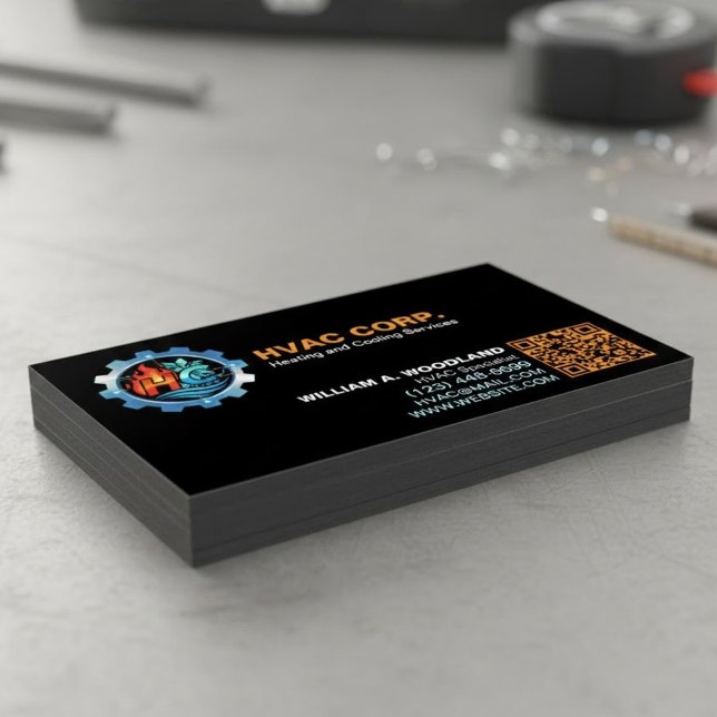 Carte De Visite Magnétique Heating and Cooling (Logo & Qr Code) Black HVAC (These HVAC magnets stick)