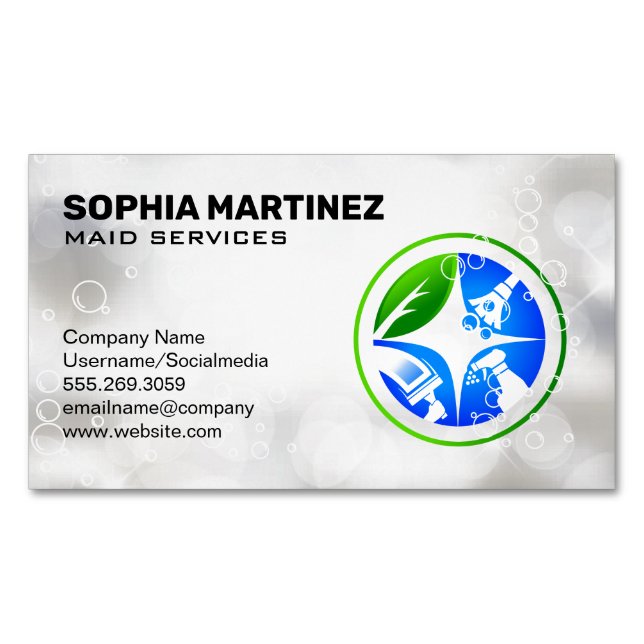 Carte De Visite Magnétique Icônes de nettoyage des tâches domestiques | Bulle (devant)