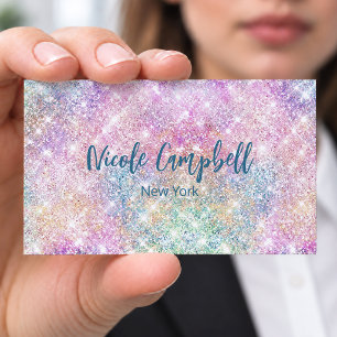 Carte De Visite Magnétique Joli monogramme iridescent licorne rose faux paill