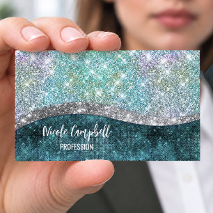 Carte De Visite Magnétique Joli monogramme iridescent turquoise faux brillant