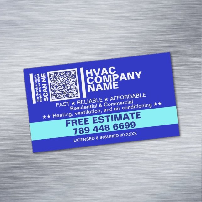 Carte De Visite Magnétique Licence & Code Qr | Blue Professionnel HVAC (best hvac business cards)