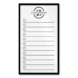 Carte De Visite Magnétique Liste de tâches à faire avec monogramme noir et bl