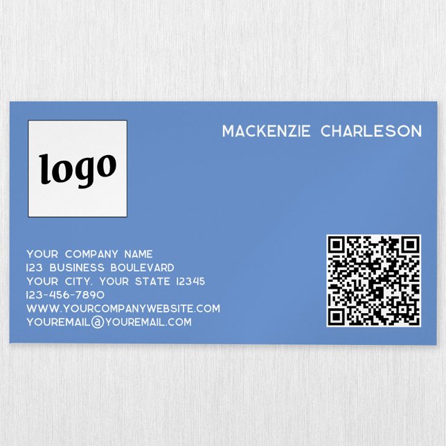 Carte De Visite Magnétique Logo simple et code QR bleu (Logo QR code custom blue business card magnet)