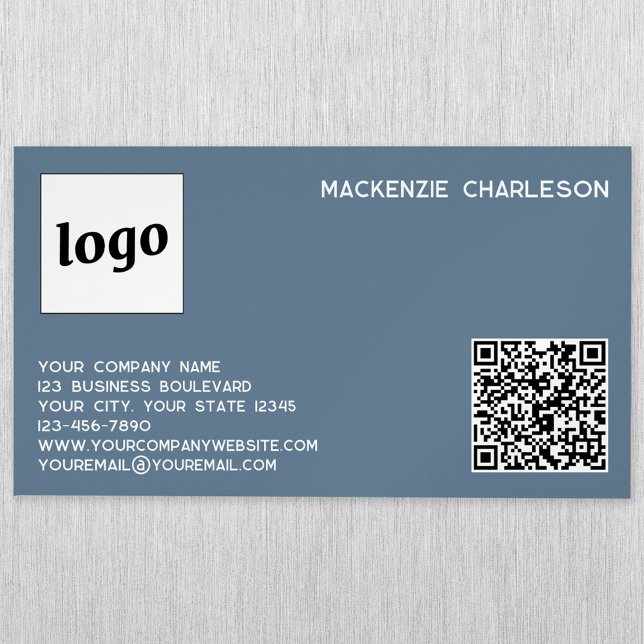 Carte De Visite Magnétique Logo simple et code QR Dusty Blue Grey (Logo QR code with custom text blue gray professional magnetic business card)