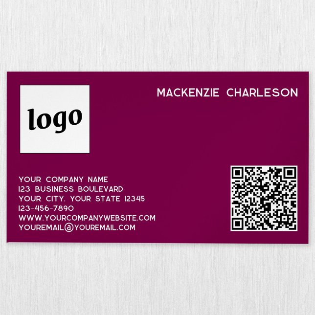 Carte De Visite Magnétique Logo Simple et Code QR Magenta Rose (Simple logo with custom text business branding promotional magnetic business card dark cherry pink )