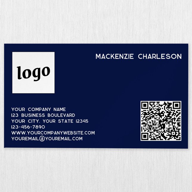 Carte De Visite Magnétique Logo simple et code QR Navy Blue (Simple logo with custom text and QR code professional navy blue magnetic business card)