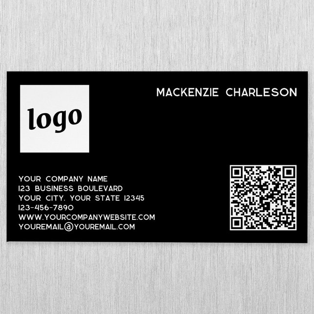 Carte De Visite Magnétique Logo simple et code QR noir (Logo QR code with custom text black magnet business card)