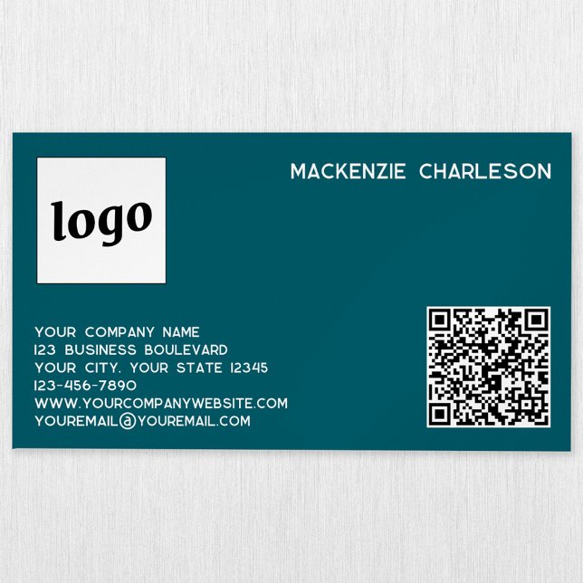 Carte De Visite Magnétique Logo simple et code QR Vert Turquoise (Simple logo with custom text business branding promotional magnetic business card teal green)