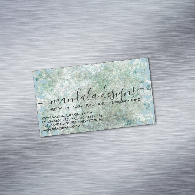 Carte De Visite Magnétique Mandala floral bleu script (In Situ)