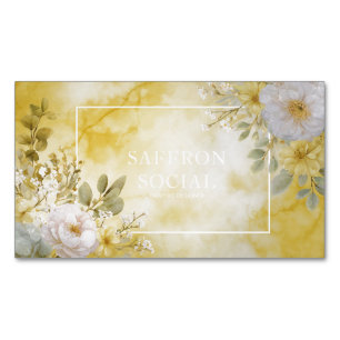Carte De Visite Magnétique Marbre Aquarelle Jaune Botanique Floral Blanc