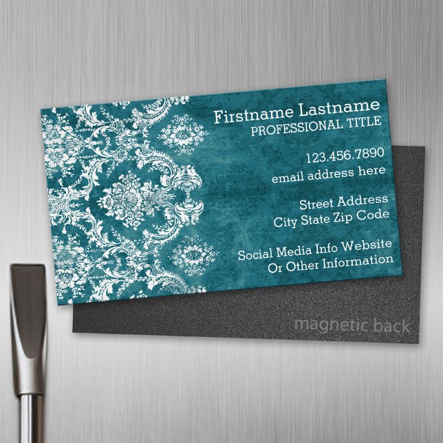 Carte De Visite Magnétique Modèle de Damas gris turquoise Texte personnalisé (Custom Business Card Magnet)